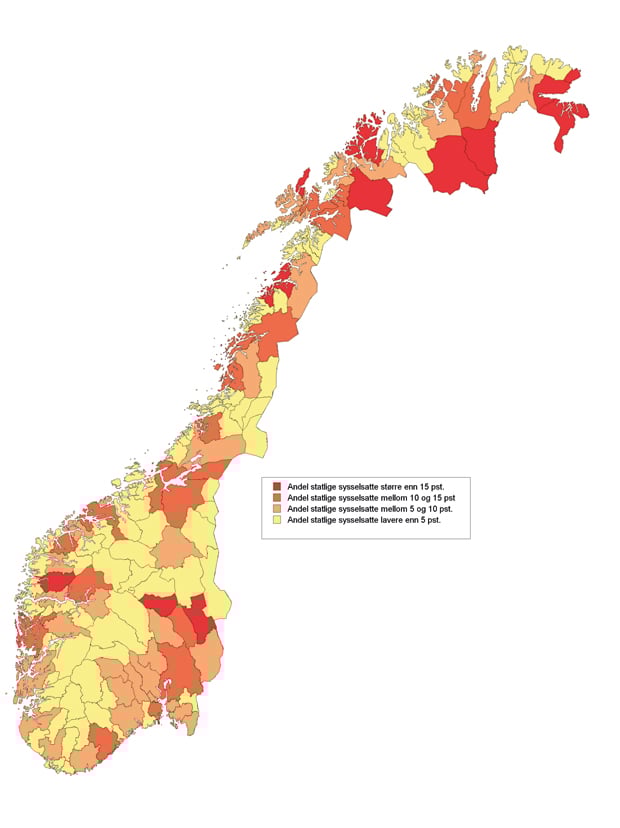 Figur 5.3 Andel statlige arbeidsplasser i bo- og arbeidsmarkedsregionene av total sysselsetting i regionen. 