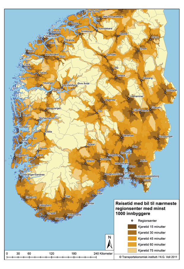 Figur 2.2 Reisetid til nærmeste regionsenter med minst 1000 innbyggere i søndre del av Norge