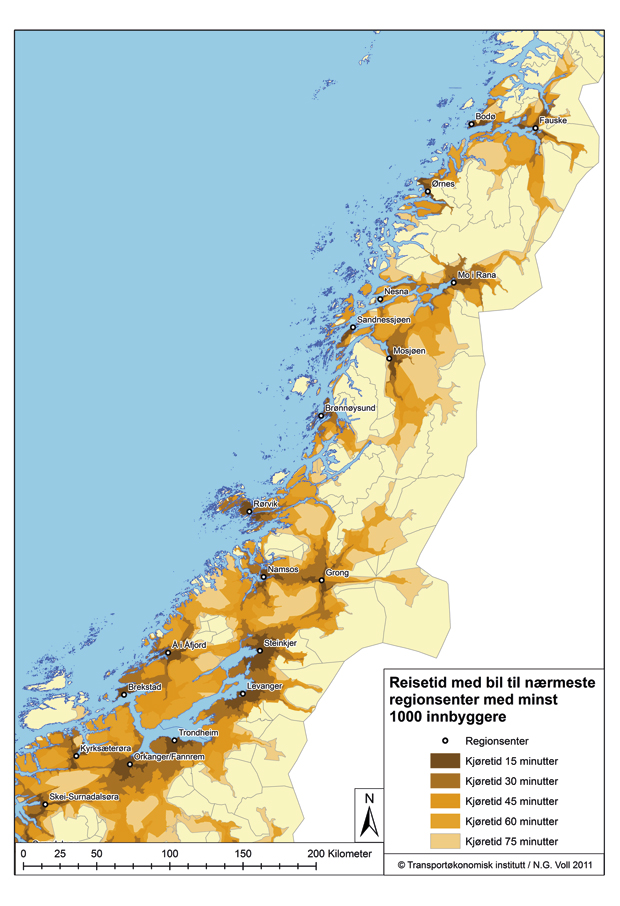 Figur 2.3 Reisetid til nærmeste regionsenter med minst 1000 innbyggere i midtre del av Norge