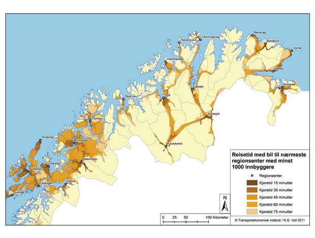 Figur 2.4 Reisetid til nærmeste regionsenter med minst 1000 innbyggere i nordre del av Norge