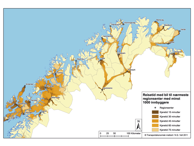 Figur 2.4 Reisetid til nærmeste regionsenter med minst 1000 innbyggere i nordre del av Norge
