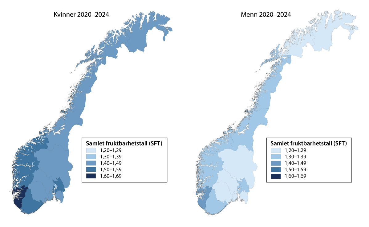 Figur 3.10 Samlet fruktbarhetstall for kvinner og menn etter fylker i perioden 2020–2024. Alle som er bosatt i Norge.