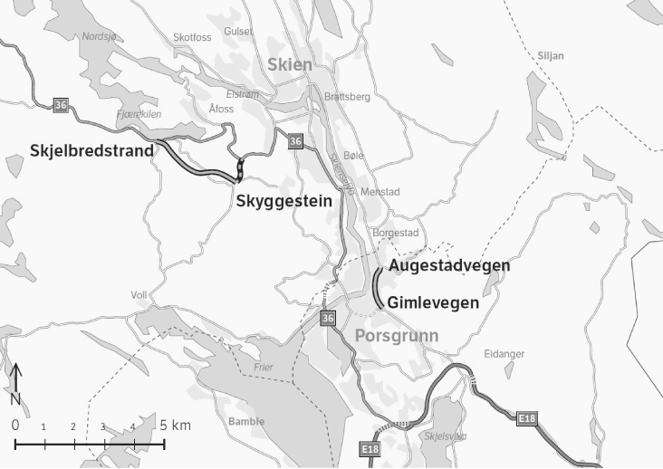 Figur 3.1 Prosjektene rv 36 Skyggestein – Skjelbredstrand og fv 32 Gimleveien – Augestadveien 
