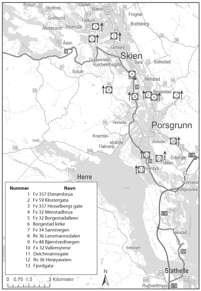 Figur 5.1 Plassering av bomstasjoner med innkrevingsretning 
