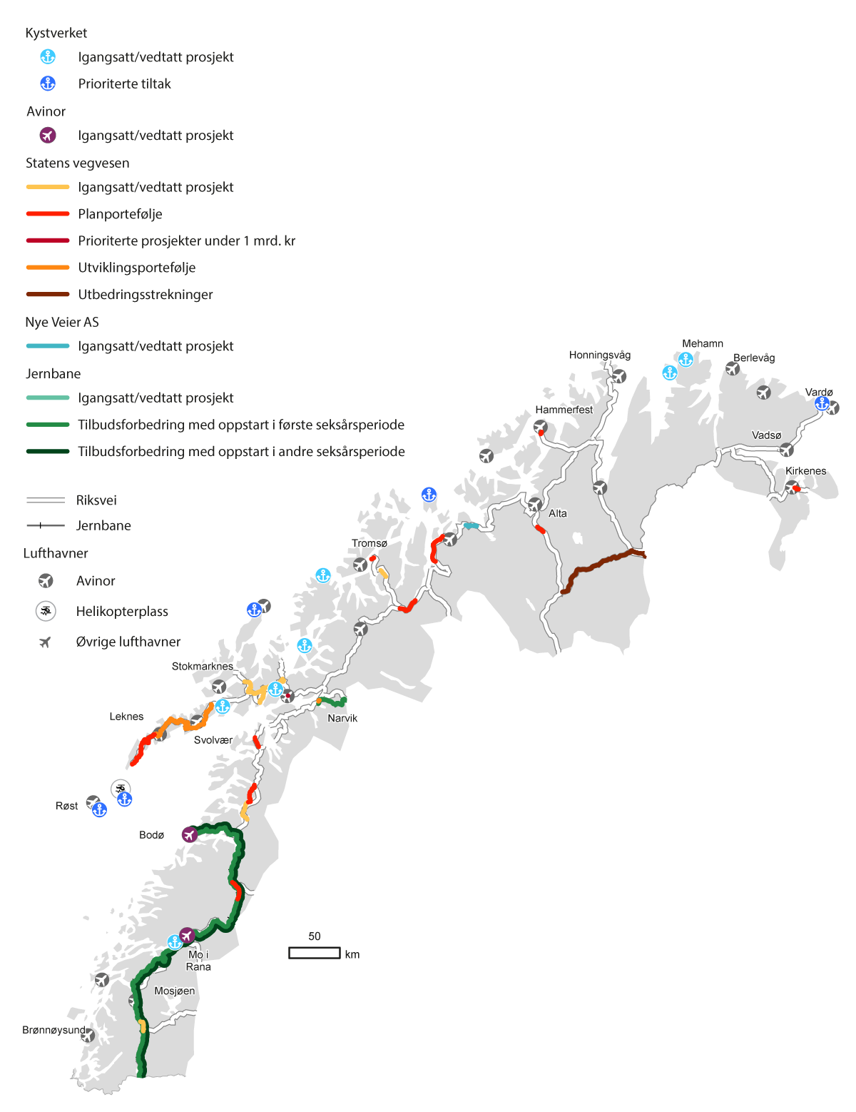 Figur 12.2 Kart over tiltak for alle transportformer for Nord-Norge.