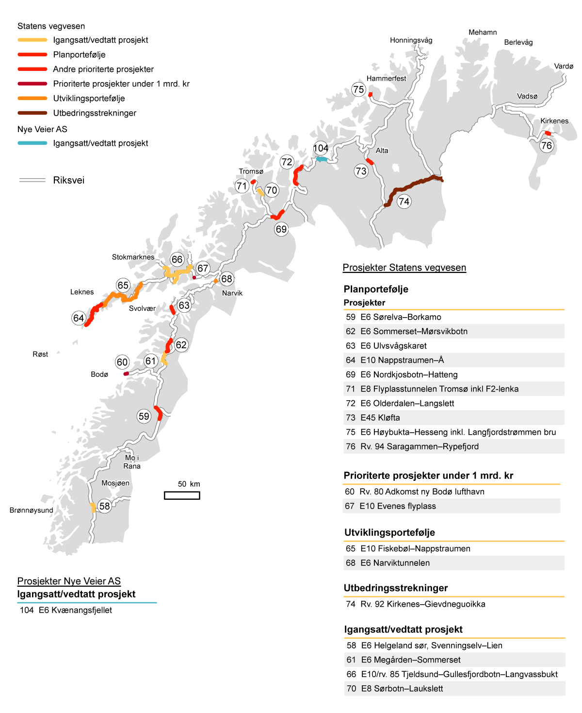 Figur 13.5 Kart over veitiltak i Nord-Norge for prosjekter i Statens vegvesen og Nye Veier AS