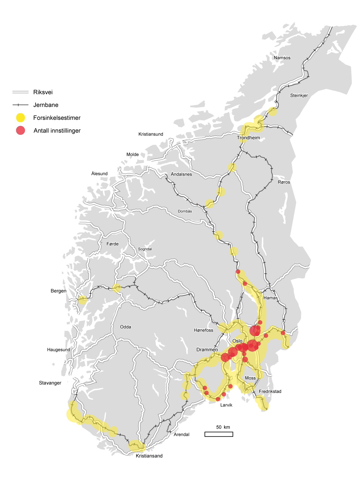 Figur 14.11 Feil i Oslo-navet får konsekvenser i store deler av jernbanenettet