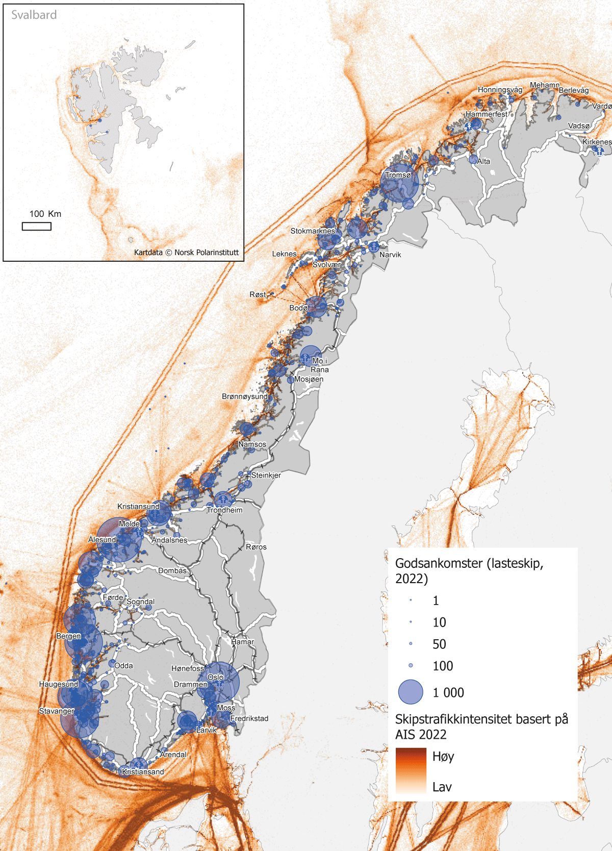 Figur 15.2 Kart over transportstrømmer langs kysten i 2022