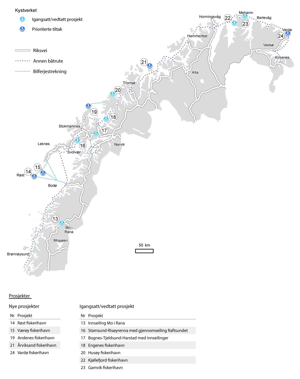 Figur 15.3 Kart over kysttiltak i Nord-Norge