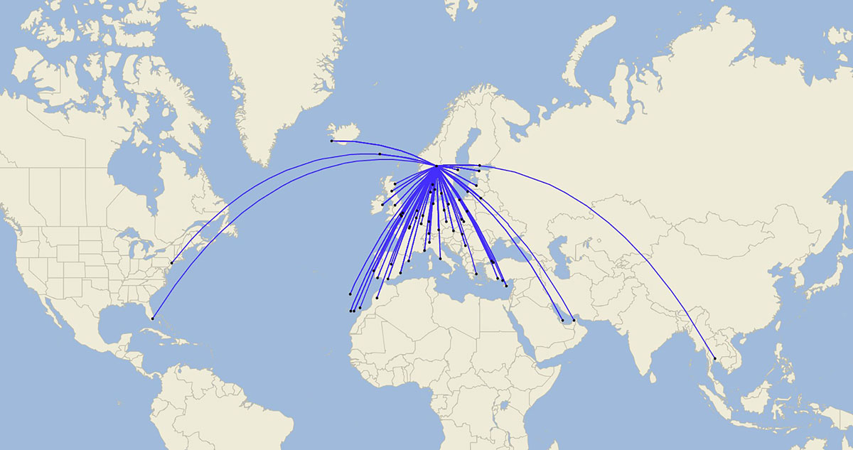 Figur 16.3 Internasjonale flybevegelser fra Oslo lufthavn
