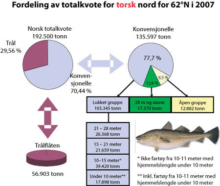 Figur 3.2 Fordeling av totalkvote for torsk nord for 62°N i 2007