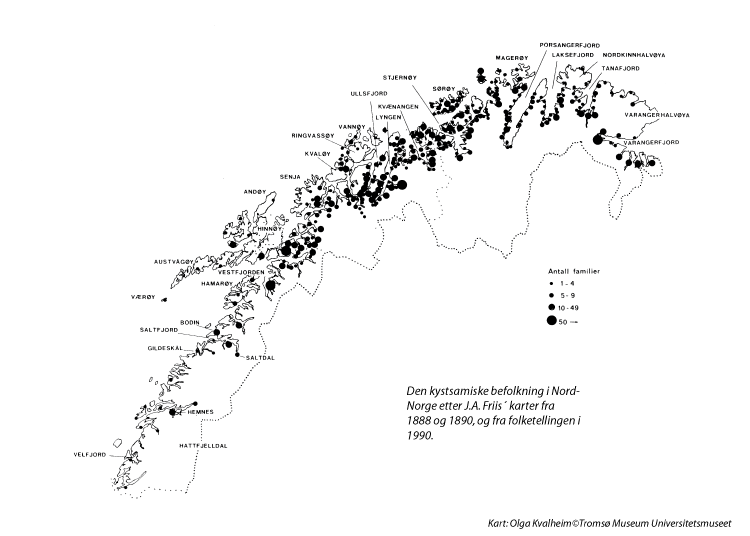 Figur 6.1 Sjøsamiske bosetningsområder i Nord-Norge
 etter J.A. Friis’ kart fra 1888 og 1890, og fra folketellingen
 i 1900