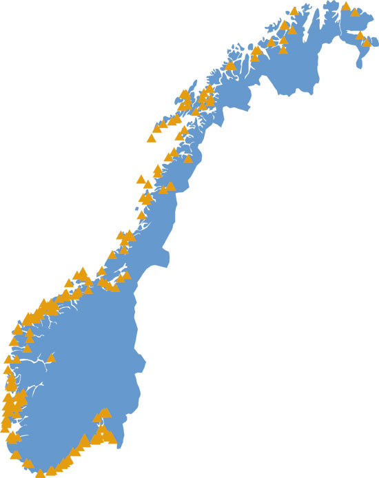 Figure 10.4 Sites of shipyards along the Norwegian coast