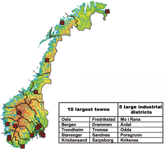 Figure 10.8 The 10 largest towns and five large industrial districts involved
 in the first phase of the action plan