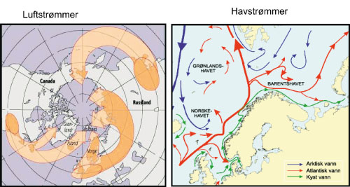 Figur 4.2 Luft- og havstrømmer transporterer miljøgifter
 mot nordområdene
