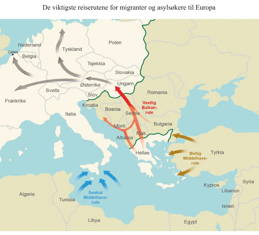 Figur 3.2 De viktigste reiserutene for migranter og asylsøkere til Europa
