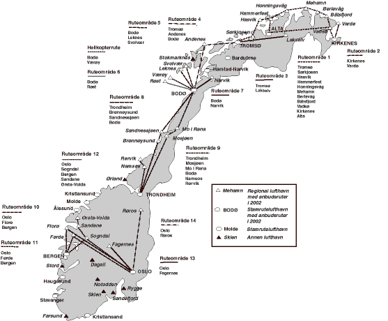 Figur 2.1 Anbudsruter i Norge med dagens områdeinndeling
