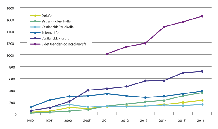 Figur 3.12 Utviklingen i antall avlshunndyr, storfe, fra 1990–2016. Registrert i Kuregisteret.