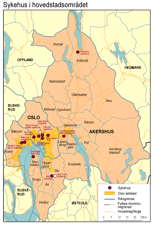 Figur 11.1 Kart over sykehus i hovedstadsområdet.