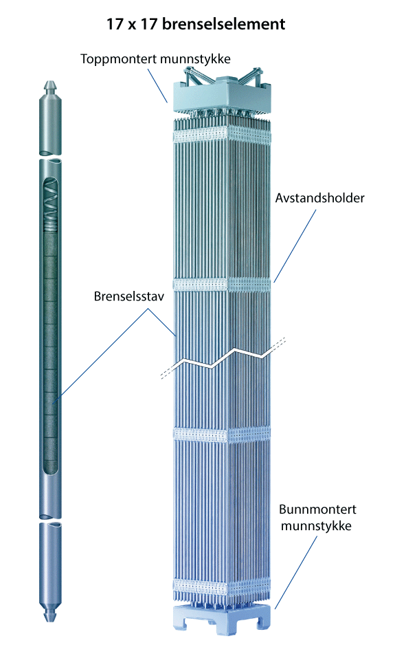 Figur 4.7 En brenselsstav til venstre og et 17 x 17 brenselselement til høyre