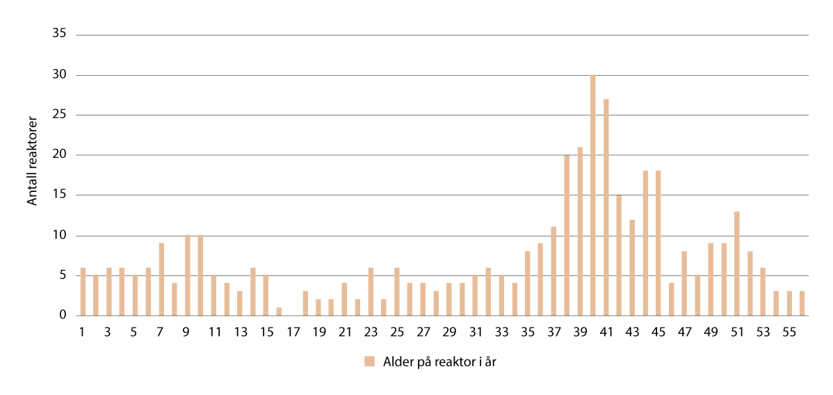 Figur 6.2 Alder på reaktorer i drift på verdensbasis per 31.12.2024