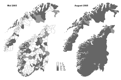 Figur 3.1 Anslått dekning blant husstander i prosent av total,
 fordelt per kommune,