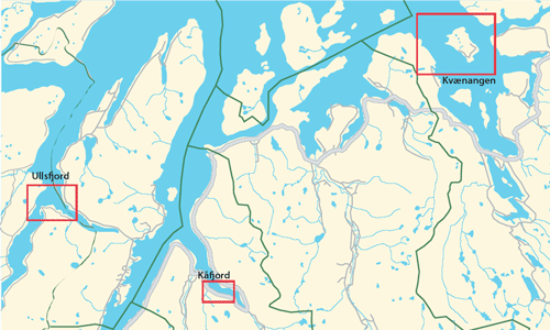Figur 1.1 De tre undersøkelsesområdene i Nord-Troms.