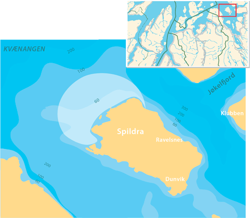 Figur 4.1 Spildra med avmerket gyteområde for torsk.