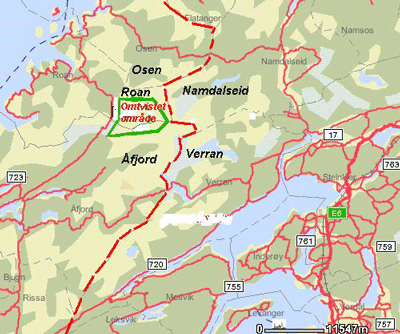 Figur 3.1 Kartutsnitt over Loninmarka og Åfjordstatsallmenning
 som Roan sambeitelag for sau og Sør-Trøndelag
 Landbrukskontor ønsket fredet for rein etter reindriftsloven
 av 1933, § 5.