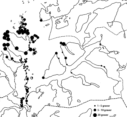 Figur 2.1 Fordelingen av norrøne/norske jernaldergraver
 i Astafjord og tilstøtende områder (gjengitt etter
 Schanche 1986)