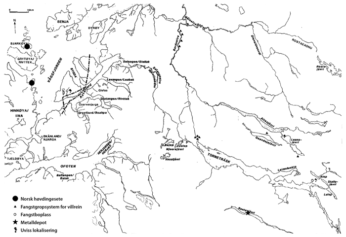 Figur 2.2 Etnisk/kulturell skillelinje mellom hovedsakelig norsk
 og hovedsakelig samisk bosetnings- og bruksområde i Astafjord
 gjennom yngre jernalder / tidlig middelalder (Hansen 1990)