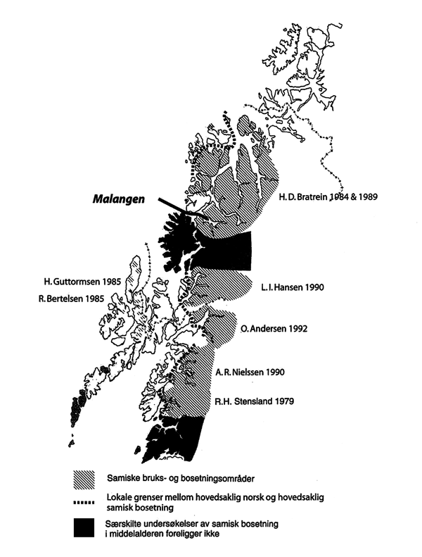 Figur 2.3 Rekonstruerte grenser mellom hovedsakelig samiske og norske
 bosetningsområder i yngre jernalder / tidlig middelalder
 (basert på undersøkelser av Bratrein 1984 & 1989,
 Hansen 1990, Andersen 1992, Nielssen 1990, Guttormsen 1983, Bertelsen
 1985 ...