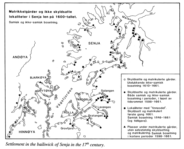 Figur 3.2 Bosetningen i Sør-Troms (Senja len) gjennom 1600-tallet
 (Hansen 1986)