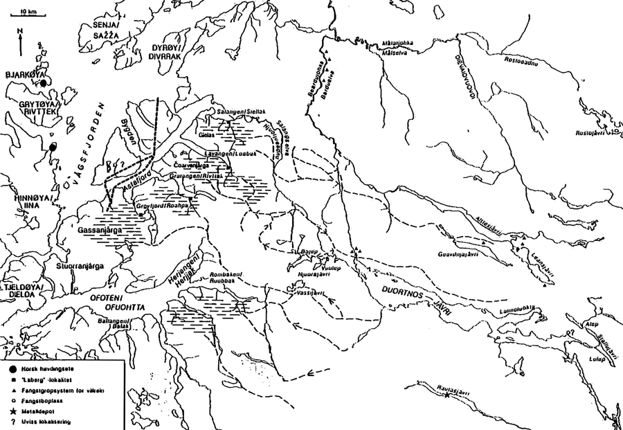 Figur 4.1 Prinsippskisse over nomadenes flytteruter (etter A. Huuva Dynesius
 1985 og I. Ruong 1937)