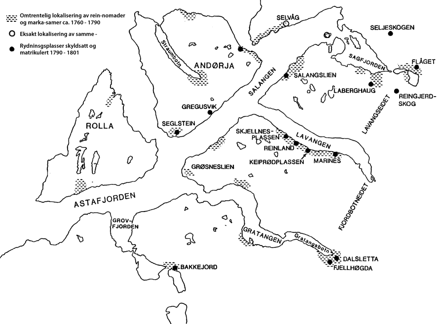 Figur 4.5 Nomadenes og markasamenes tilholdssteder i Astafjord på 1700-tallet
 (Hansen 1990)