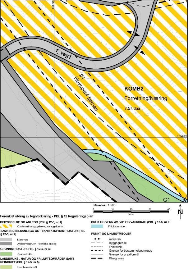 Plankartet viser arealformål med kombinert bebyggelse og anlegg, og grense for bestemmelsesområde med henvisning til bestemmelse.