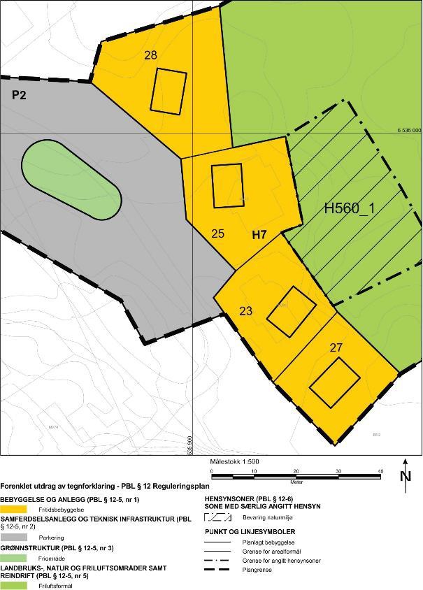 Plankartet viser hvordan fritidsbebyggelse og hensynssone for naturmiljø vises i plankart.