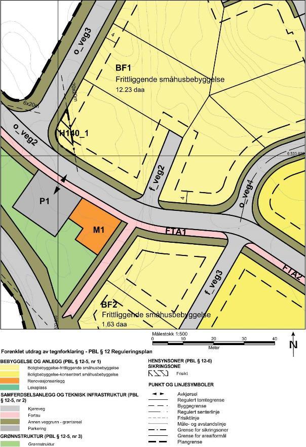 Plankart som viser hvordan offentlig veg og veger som er felles for flere eiendommer kan vises i et område med frittliggende småhusbebyggelse.