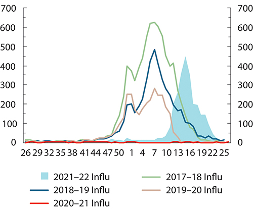 Figur 11.2 Antall nye innleggelser i sykehus med influensa, per uke, etter sesong.