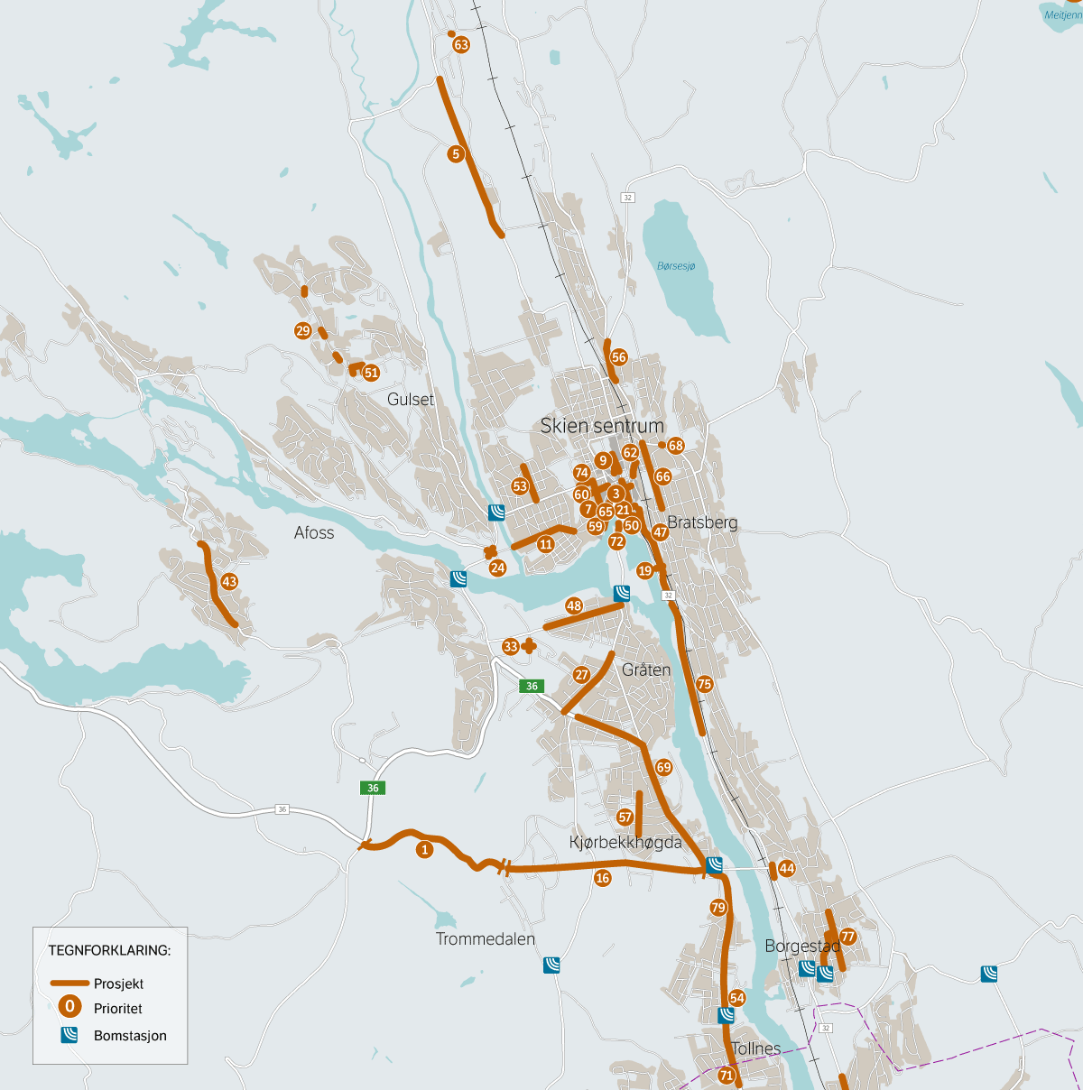 Figur 4.1 Kart over prioriterte prosjekter i Skien kommune. Nummeret refererer til prioritet nr. i tabell 4.1.