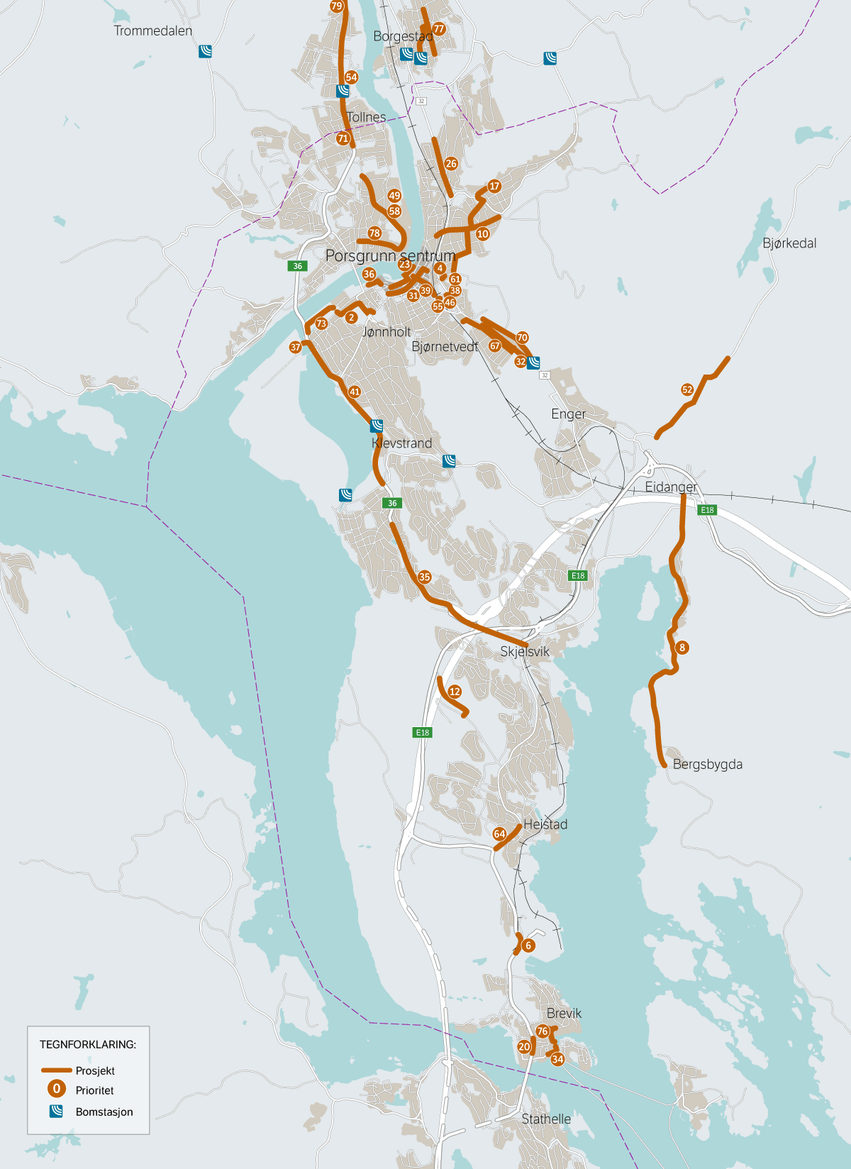 Figur 4.2 Kart over prioriterte prosjekter i Porsgrunn kommune. Nummeret refererer til prioritet nr. i tabell 4.1.