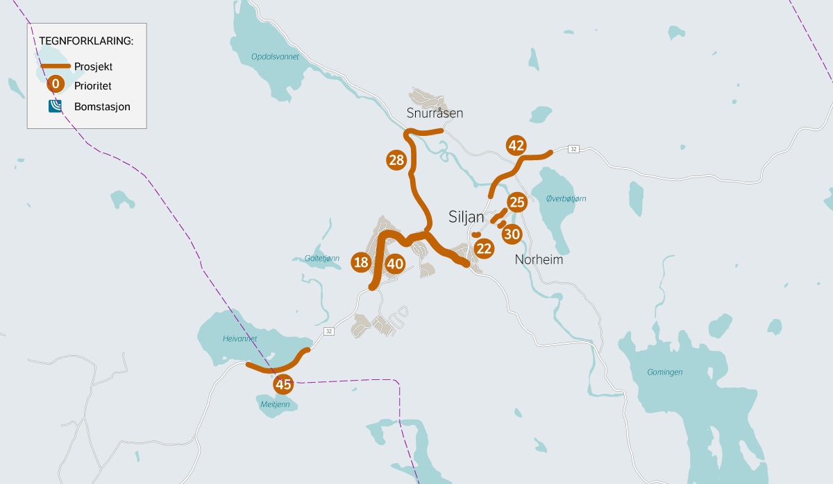 Figur 4.3 Kart over prioriterte prosjekter i Siljan kommune. Nummeret refererer til prioritet nr. i tabell 4.1.