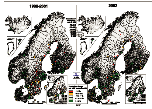 Figur 3.6 Befolkningsendring 1996-2001 og i 2002 for kommuner og fylker i Norden