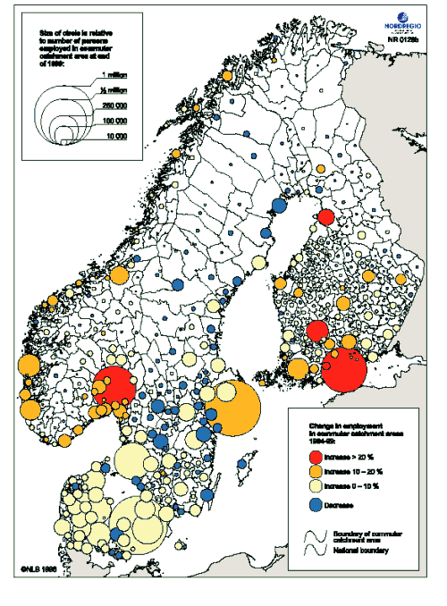 Figur 3.7 Sysselsettingsendringer i nordiske pendlingsregioner 1994-1999