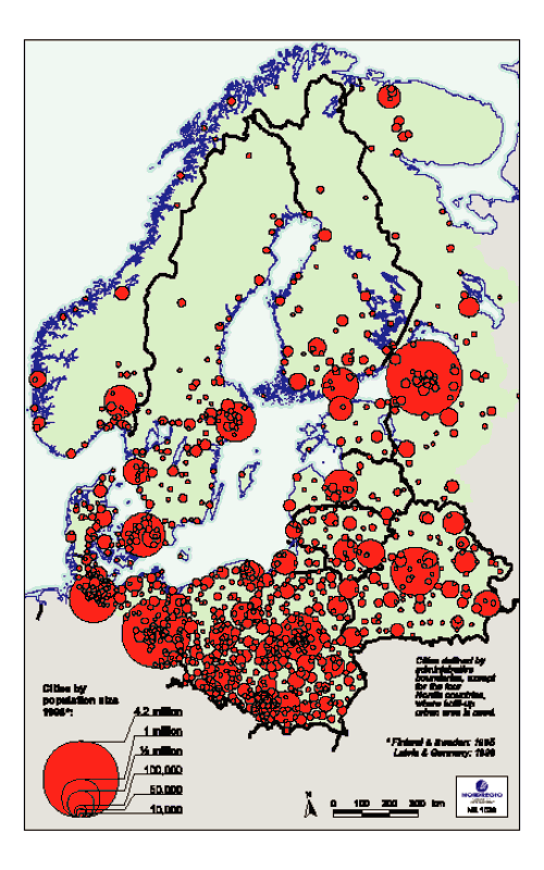 Figur 3.8 Tettsteder med mer enn 10.000 innbyggere i Østersjø-regionen