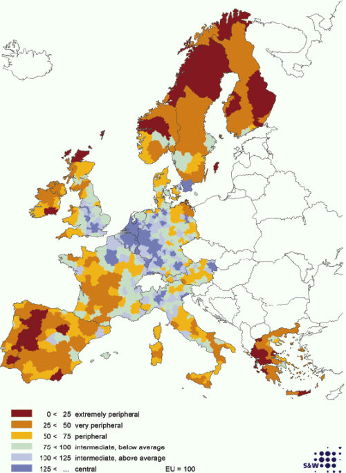 Figur 3.9 Potensiell tilgjengelighet for regioner i Europa
