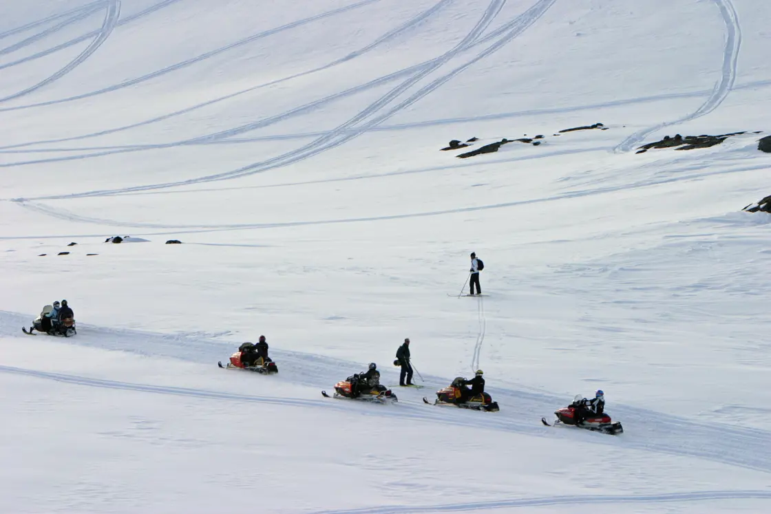 Fem snøskutere kjører på fjellvidda