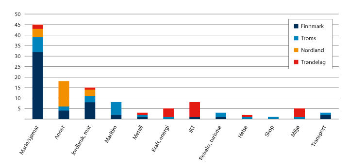 Figur 5.3 Fordeling av godkjente SkatteFUNN-prosjekter (bransje/fylke) i de undersøkte kommunene i 2013–2019.