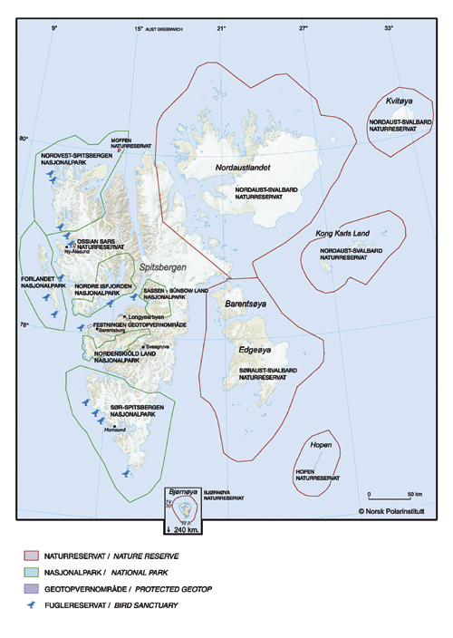 Figur 10.1 Verneområdene på Svalbard etter opprettelsen
 av de siste verneområdene i 2003. Vernet på Svalbard
 består i dag av 1 plantefredningsområde, 5 nasjonalparker,
 6 naturreservater og 15 fuglereservater og ett geotopvernområde.