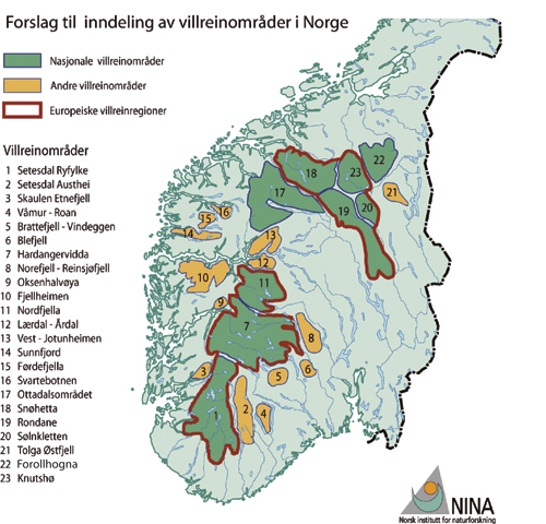 Figur 11.1 Figuren viser de ytre vurderingsgrensene for foreslåtte
 villreinområder. Formell status og detaljerte grenser forutsettes
 avklart gjennom regionale planprosesser etter plan- og bygningsloven,
 jf. forslag i rapporten «Villrein og samfunn».